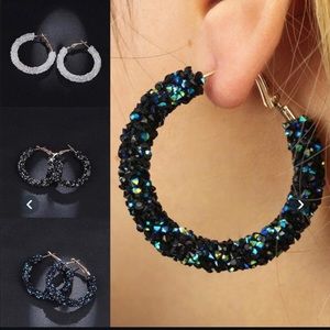 Blue Crystal Rhinestone Beaded Hoop Earrings